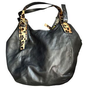 Cynthia Vincent Black Pebbled Leather Calf Hair Slouchy Hobo Shoulder Bag - READ